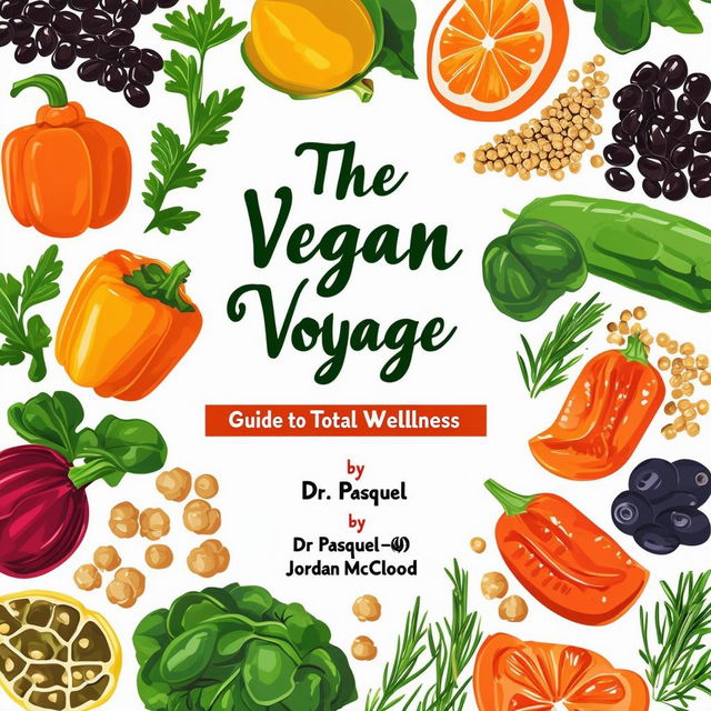 Design a vibrant and inviting printable cookbook cover titled 'The Vegan Voyage: Guide to Total Wellness' by Dr