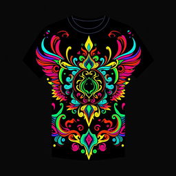 A vibrant and colorful design for a black t-shirt