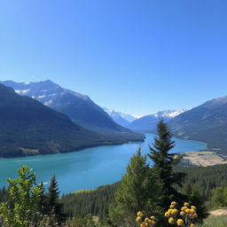 Create a beautiful landscape with mountains, a river, and a clear blue sky