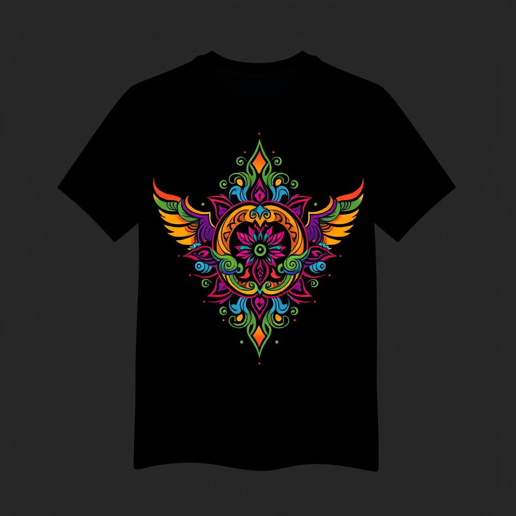 A vibrant and colorful design for a black t-shirt