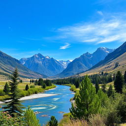 Create a beautiful landscape with mountains, a river, and a clear blue sky