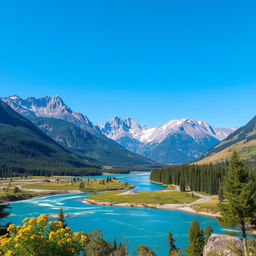 Create a beautiful landscape with mountains, a river, and a clear blue sky