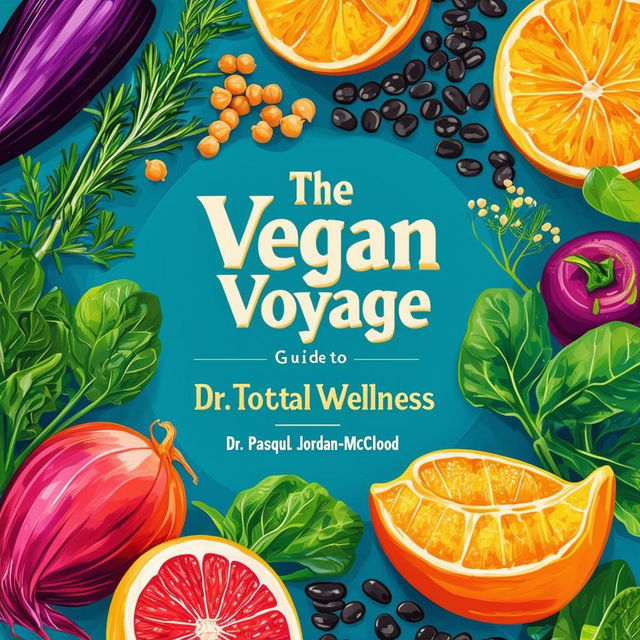 Design a vibrant and inviting printable cookbook cover titled 'The Vegan Voyage: Guide to Total Wellness' by Dr