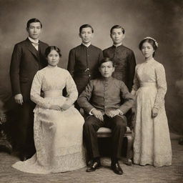 A vintage family portrait featuring Jose Rizal and his family members all dressed in traditional Filipino attire, exuding an atmosphere of warmth and familial bonds.