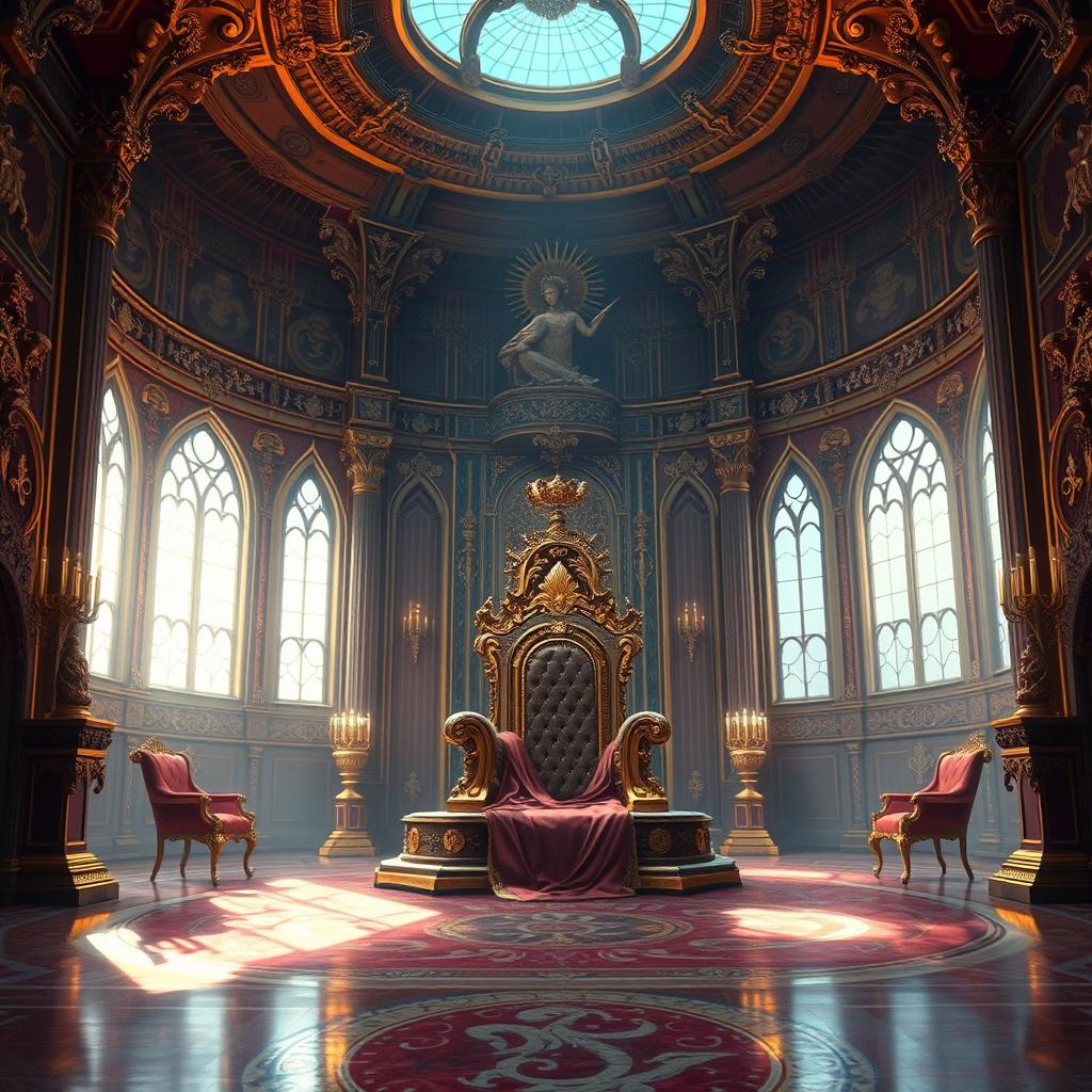 A majestic royal throne room depicted in a detailed digital painting