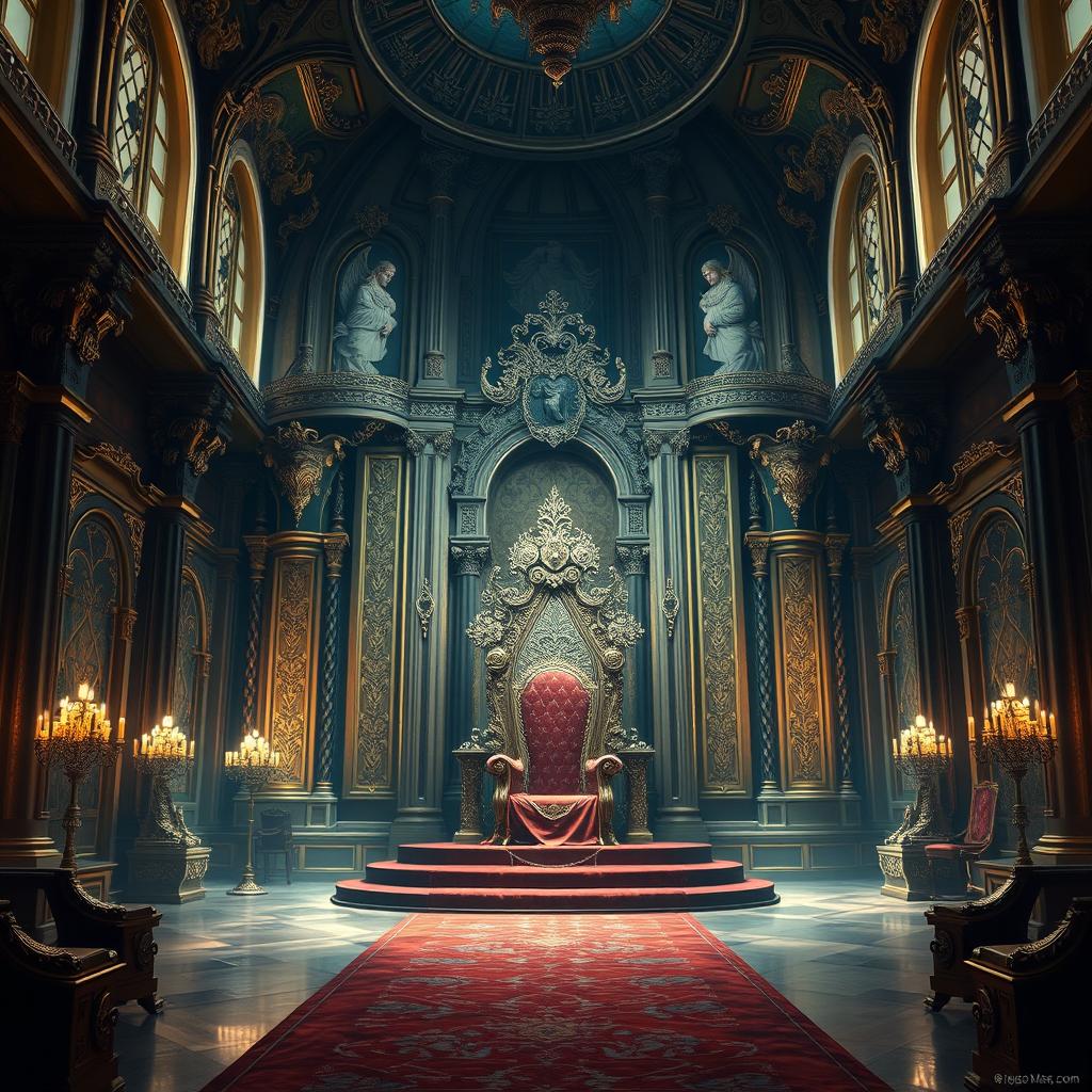 A majestic royal throne room depicted in a detailed digital painting