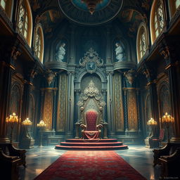 A majestic royal throne room depicted in a detailed digital painting