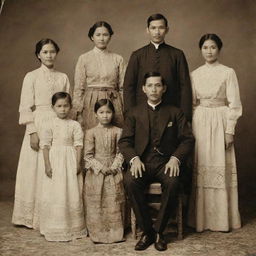 A vintage family portrait featuring Jose Rizal and his family members all dressed in traditional Filipino attire, exuding an atmosphere of warmth and familial bonds.