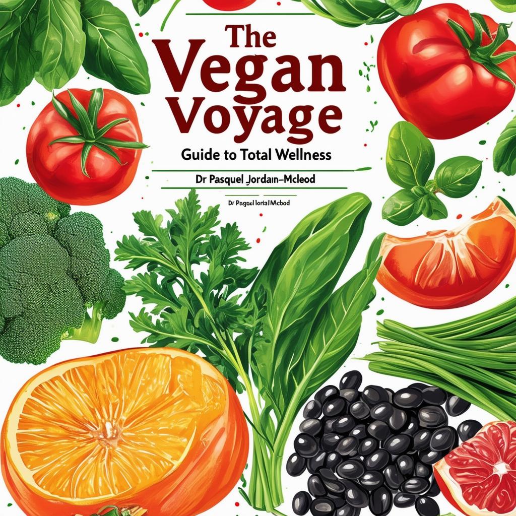 Create a vibrant and inviting printable cookbook cover titled 'The Vegan Voyage: Guide to Total Wellness' by Dr