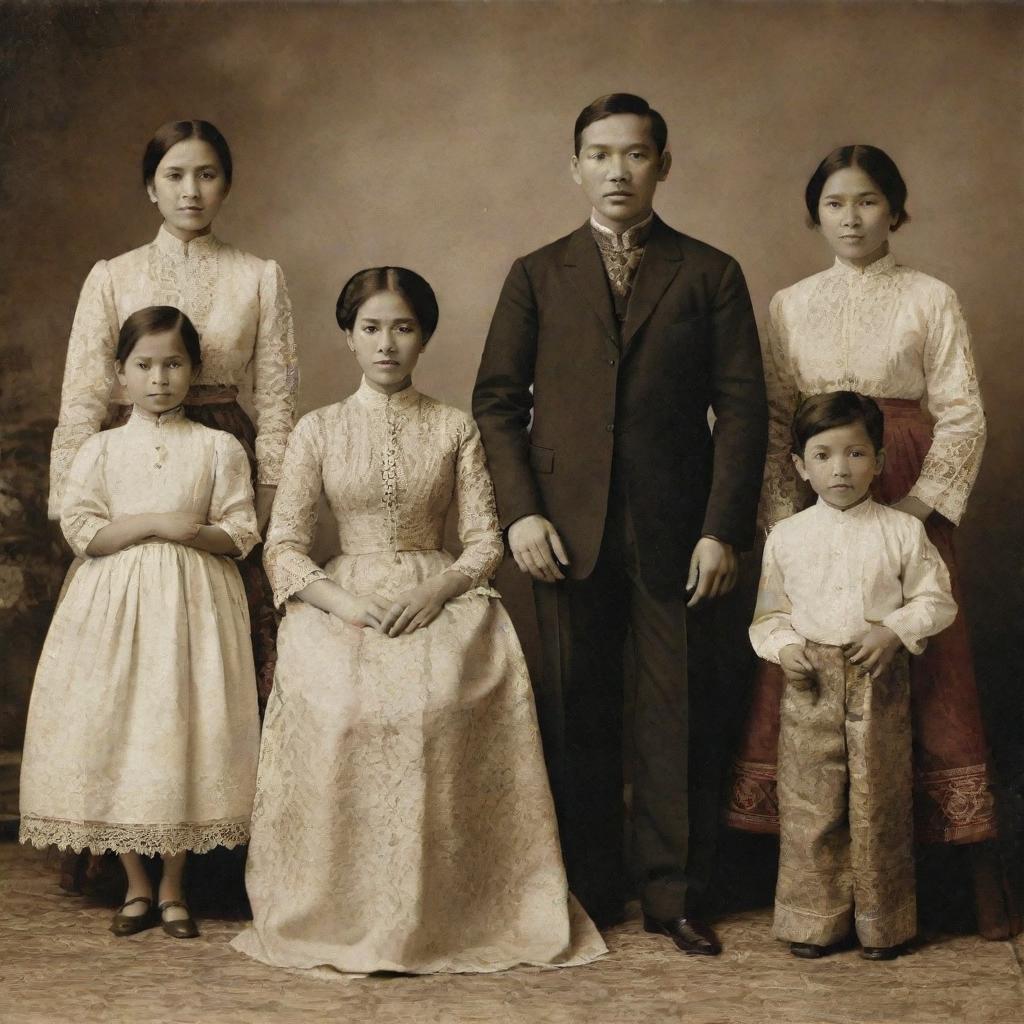 A vintage family portrait featuring Jose Rizal and his family members all dressed in traditional Filipino attire, exuding an atmosphere of warmth and familial bonds.