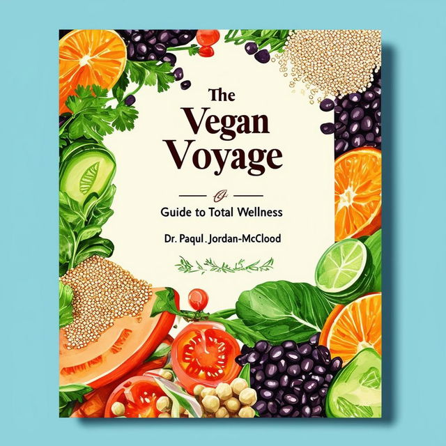 Design a vibrant and inviting printable cookbook cover titled 'The Vegan Voyage: Guide to Total Wellness' by Dr