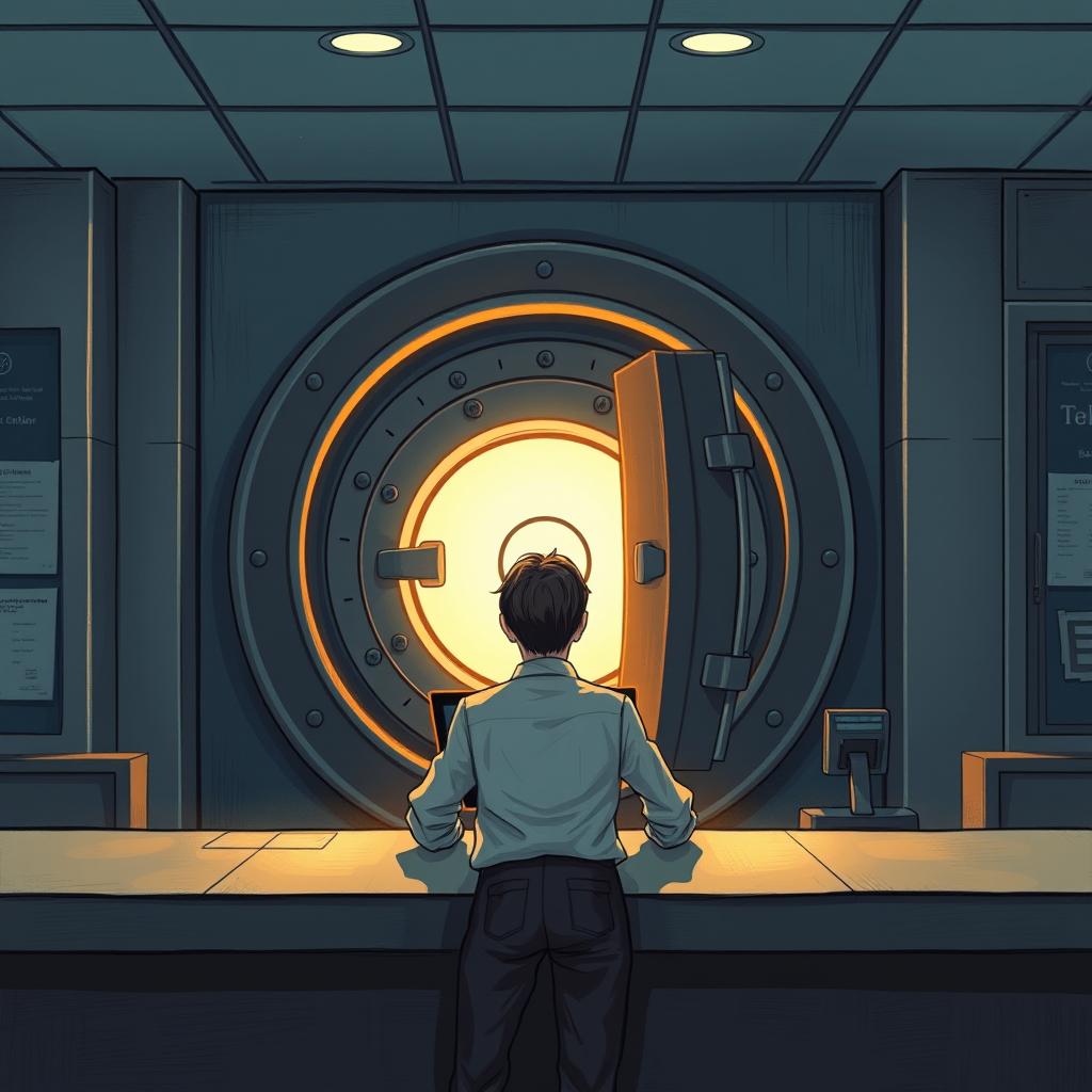 A detailed illustration of a bank teller standing behind a counter with a mysterious vault in the background