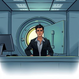 A detailed illustration of a bank teller standing behind a counter with a mysterious vault in the background