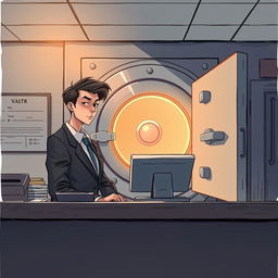 A detailed illustration of a bank teller standing behind a counter with a mysterious vault in the background