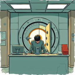 A detailed illustration of a bank teller standing behind a counter with a mysterious vault in the background