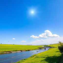 A serene landscape featuring a clear blue sky, lush green fields, and a gentle river flowing through the scene