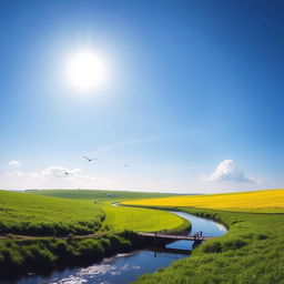 A serene landscape featuring a clear blue sky, lush green fields, and a gentle river flowing through the scene