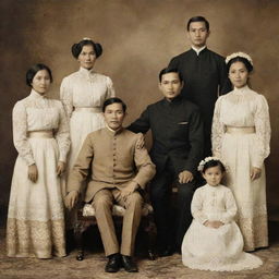 A vintage family portrait featuring Jose Rizal and his family members all dressed in traditional Filipino attire, exuding an atmosphere of warmth and familial bonds.