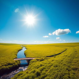 A serene landscape featuring a clear blue sky, lush green fields, and a gentle river flowing through the scene