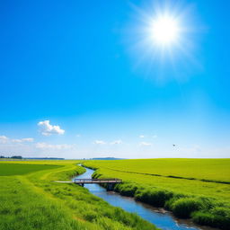 A serene landscape featuring a clear blue sky, lush green fields, and a gentle river flowing through the scene