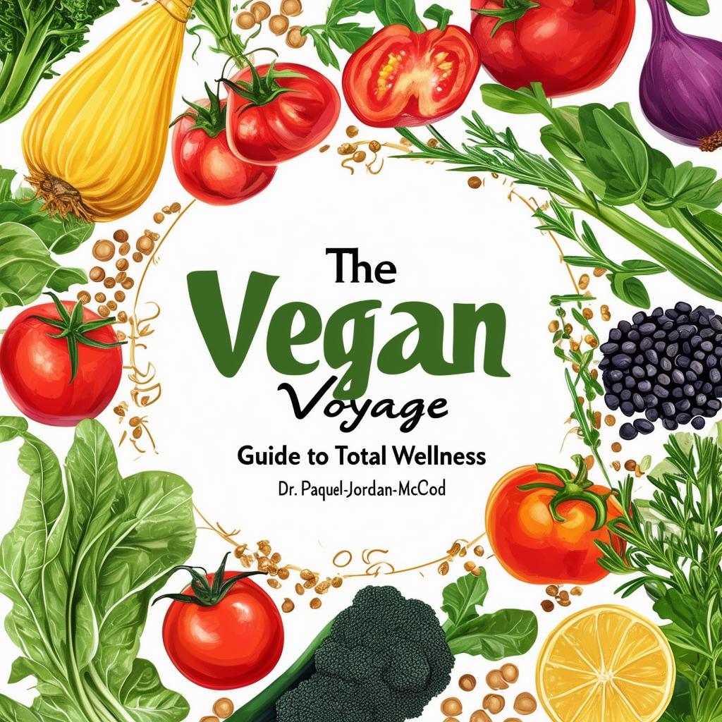 Design a vibrant and inviting printable cookbook cover titled 'The Vegan Voyage: Guide to Total Wellness' by Dr