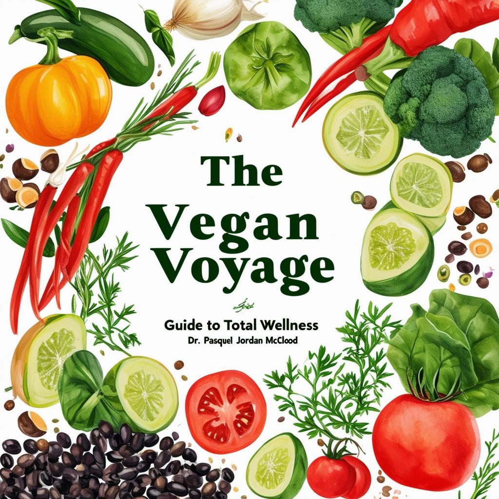 Create a vibrant and inviting printable cookbook cover titled 'The Vegan Voyage: Guide to Total Wellness' by Dr