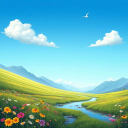 A serene landscape featuring a lush green meadow with colorful wildflowers, a gentle stream flowing through it, and a clear blue sky with fluffy white clouds