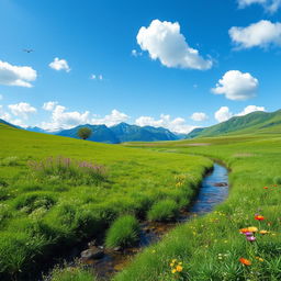 A serene landscape featuring a lush green meadow with colorful wildflowers, a gentle stream flowing through it, and a clear blue sky with fluffy white clouds