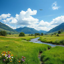 A serene landscape featuring a lush green meadow with colorful wildflowers, a gentle stream flowing through it, and a clear blue sky with fluffy white clouds