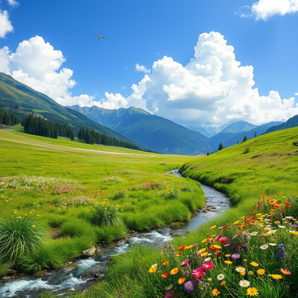 A serene landscape featuring a lush green meadow with colorful wildflowers, a gentle stream flowing through it, and a clear blue sky with fluffy white clouds