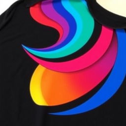 A black, orange, and blue t-shirt with a colorful rainbow design