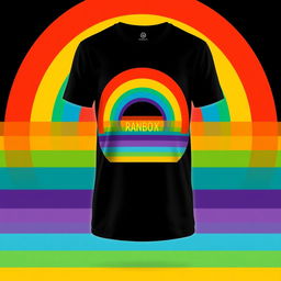 A black, orange, and blue t-shirt with a colorful rainbow design