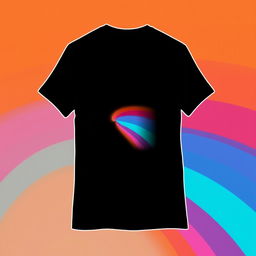 A black, orange, and blue t-shirt with a colorful rainbow design