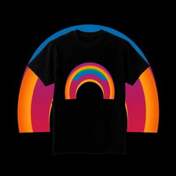 A black, orange, and blue t-shirt with a colorful rainbow design