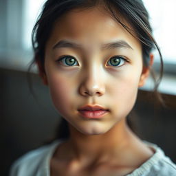 A portrait of an Asian girl with striking green eyes, capturing her serene expression and delicate features