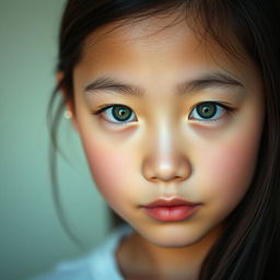 A portrait of an Asian girl with striking green eyes, capturing her serene expression and delicate features