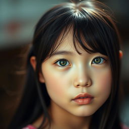 A portrait of an Asian girl with striking green eyes, capturing her serene expression and delicate features