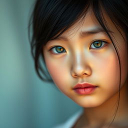 A portrait of an Asian girl with striking green eyes, capturing her serene expression and delicate features