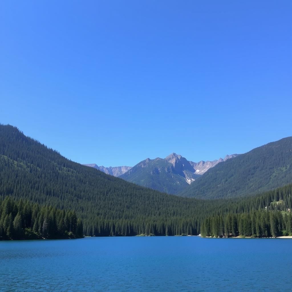 A beautiful landscape featuring a serene lake surrounded by lush green forests and mountains in the background under a clear blue sky