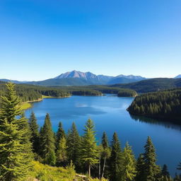 A beautiful landscape featuring a serene lake surrounded by lush green forests and mountains in the background under a clear blue sky