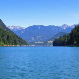 A beautiful landscape featuring a serene lake surrounded by lush green forests and mountains in the background under a clear blue sky