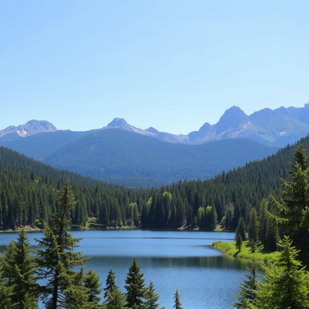 A beautiful landscape featuring a serene lake surrounded by lush green forests and mountains in the background under a clear blue sky