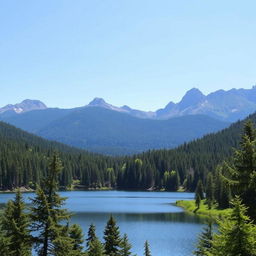 A beautiful landscape featuring a serene lake surrounded by lush green forests and mountains in the background under a clear blue sky