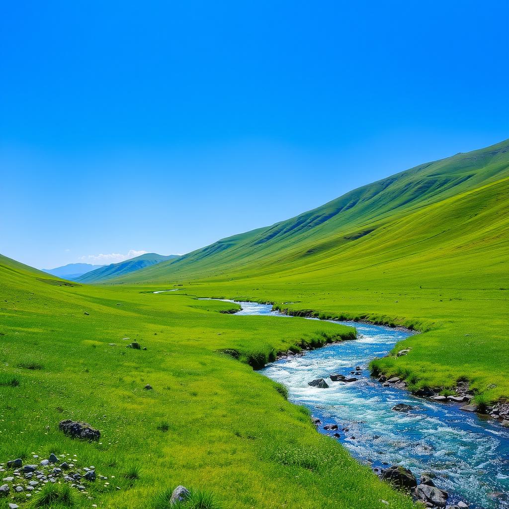 A serene landscape featuring a clear blue sky, lush green meadows, and a sparkling river flowing through the scene