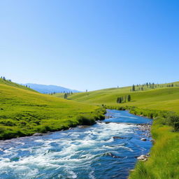 A serene landscape featuring a clear blue sky, lush green meadows, and a sparkling river flowing through the scene