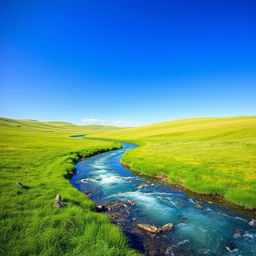 A serene landscape featuring a clear blue sky, lush green meadows, and a sparkling river flowing through the scene