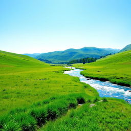 A serene landscape featuring a clear blue sky, lush green meadows, and a sparkling river flowing through the scene