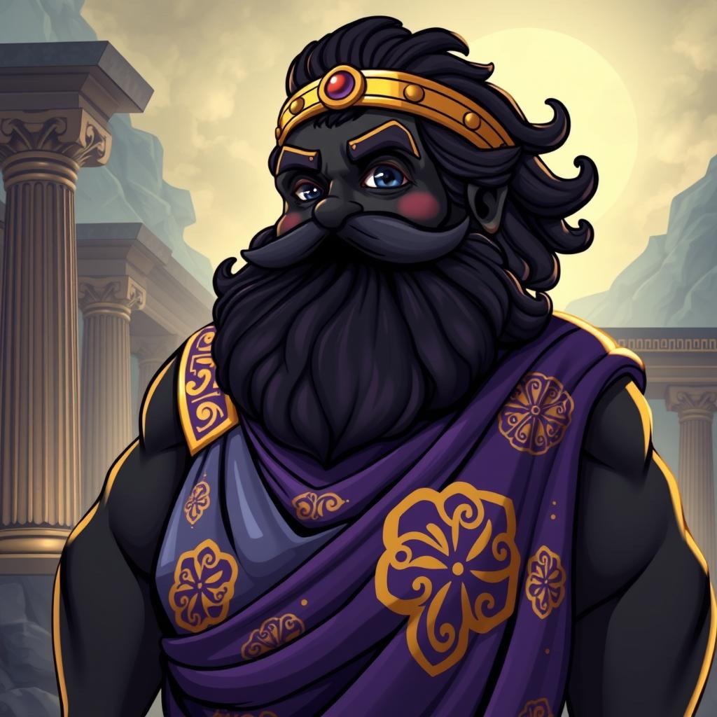 A chubby Greek god depicted with black, golden, and purple colors