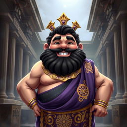 A chubby Greek god depicted with black, golden, and purple colors