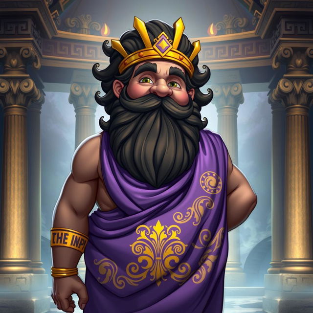 A chubby Greek god depicted with black, golden, and purple colors